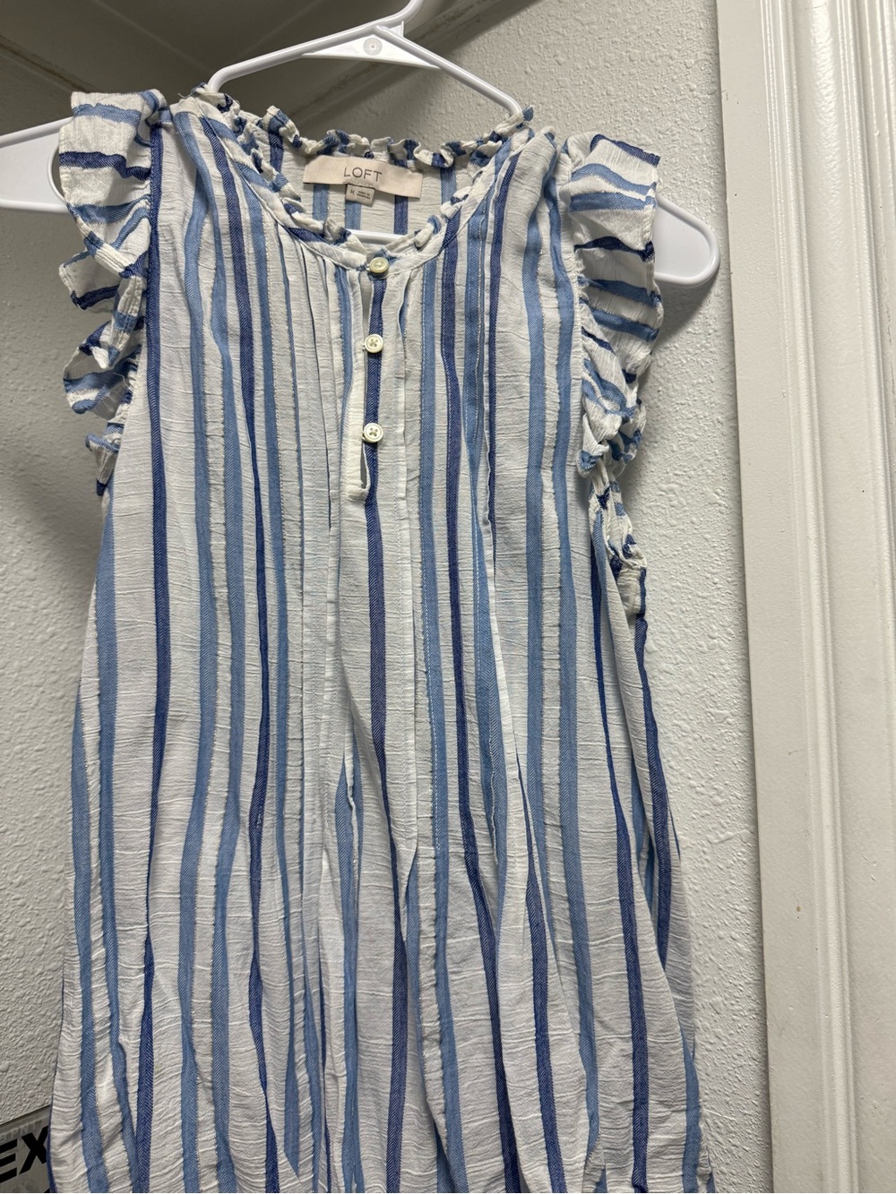 LOFT White & Blue Vertical Stripe Ruffle-Sleeve Tunic